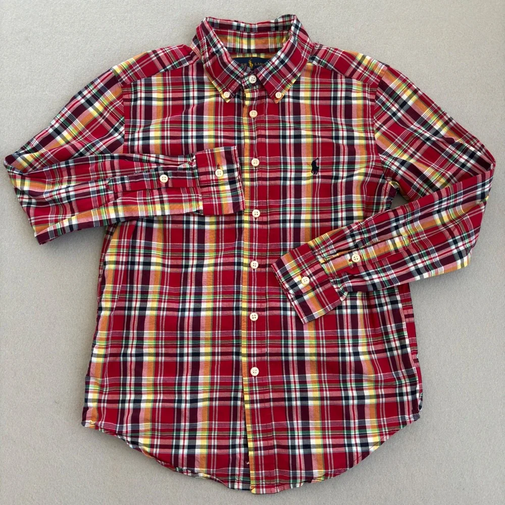 Ralph Lauren Boys Red Multi Plaid Cotton Button Down Shirt Size Medium 10-12